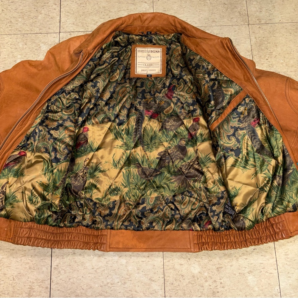Members Only Tan Leather Bomber Jacket with Patterned Lining